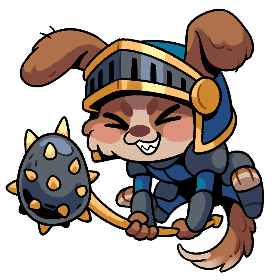 Evie the armoured dog swinging a spiked mace
