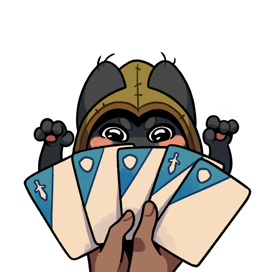 Whiskers the Whisperer holding a fan of cards